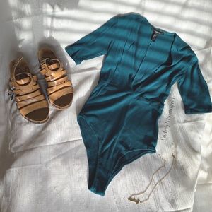 Teal ribbed v-neck bodysuit